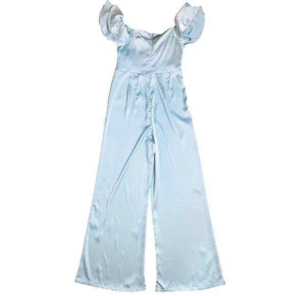 New Small Maternity Baby Blue Satin Silky Ruffle Jumpsuit Pregnancy Boy Gender - Picture 6 of 7